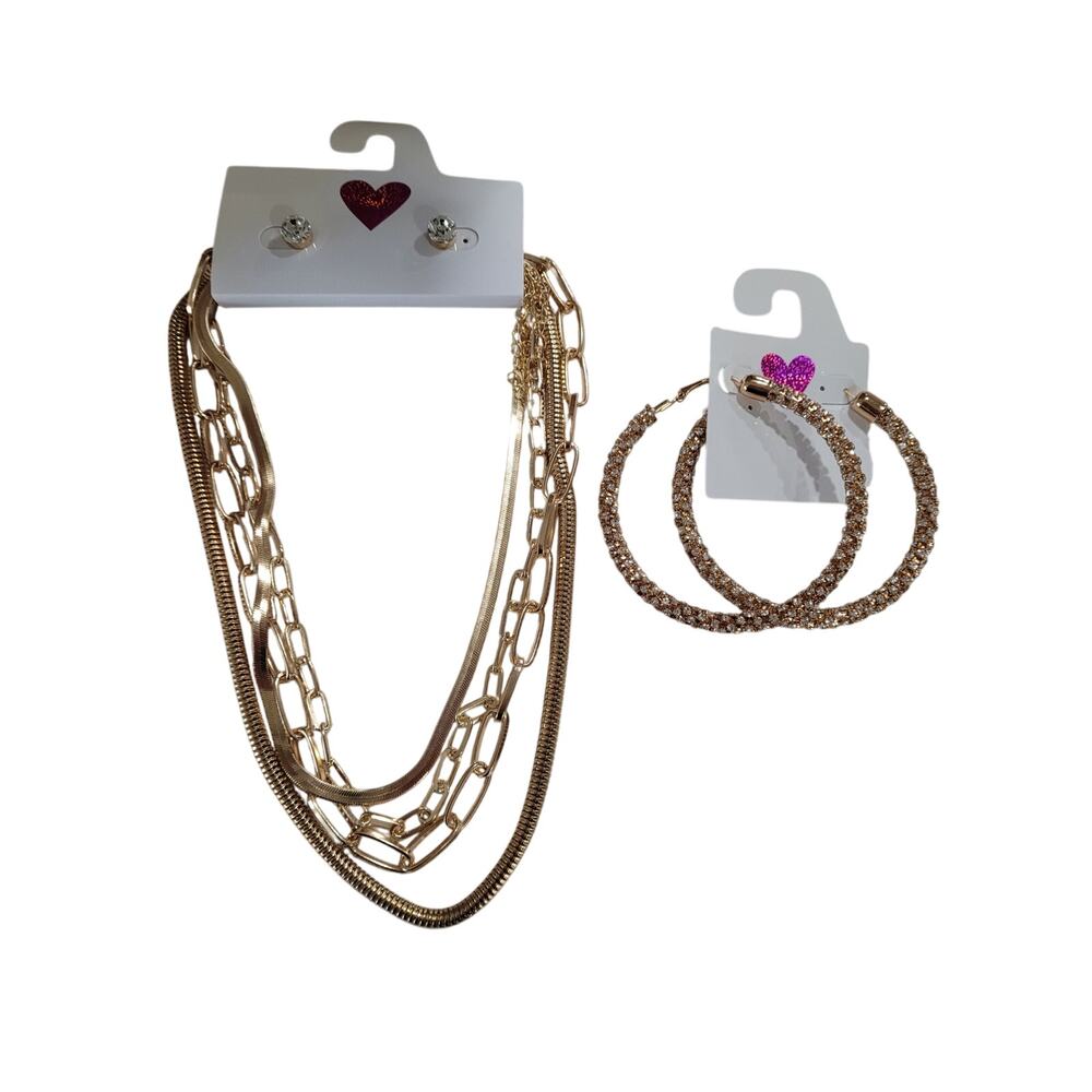 Women's Gold Costume Jewelry Layered Necklace‎ Hoop Earrings Studs #7